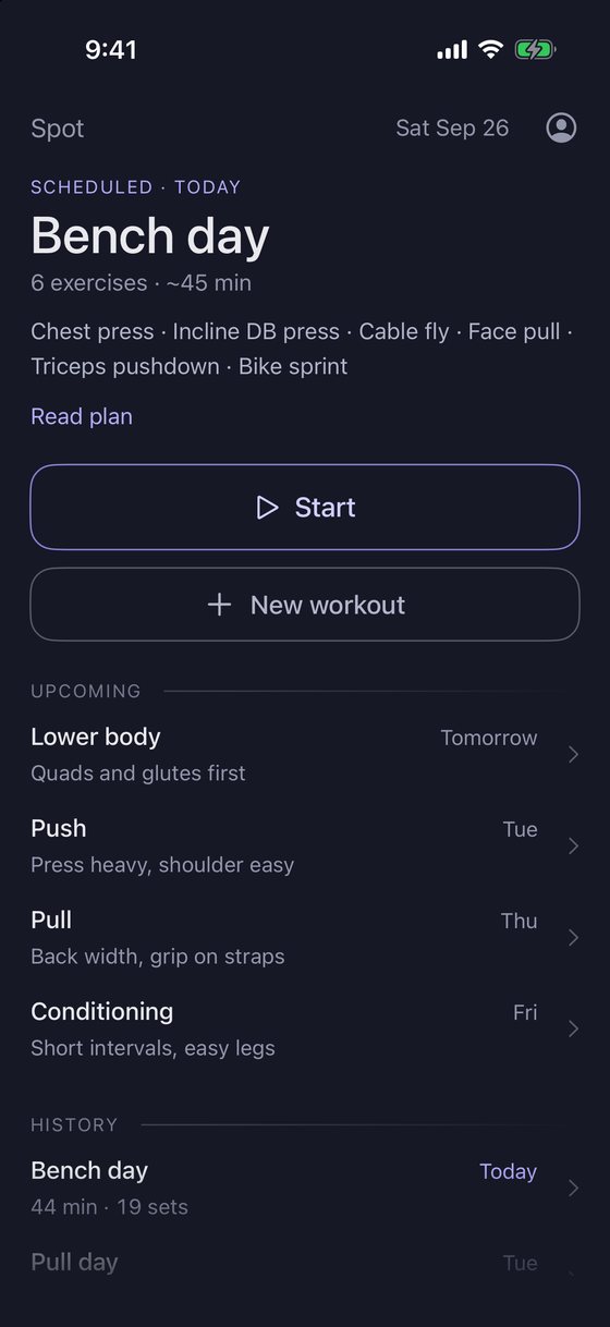 Home: today's scheduled Bench day with Start and New workout